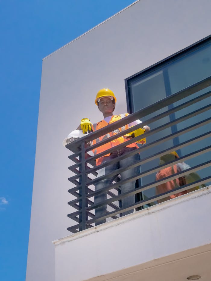 A construction worker stands on a balcony wearing safety gear, including a hardhat and reflective vest.